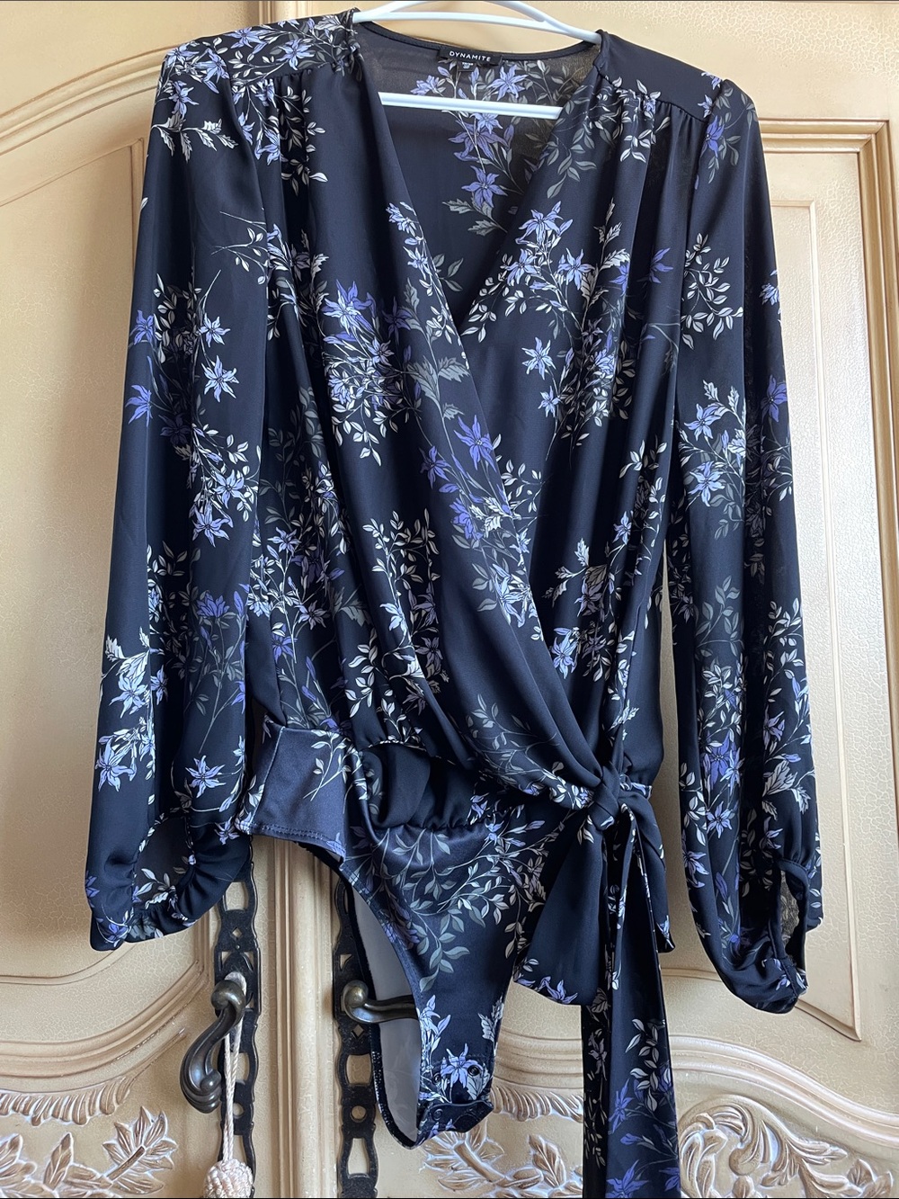 Dynamite Black Wrap Floral Tie-Waist Bodysuit